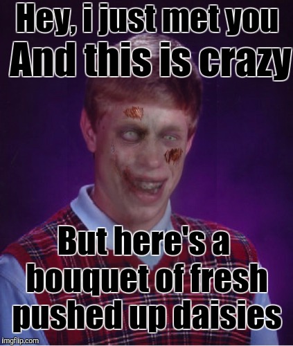Zombie Brian picks flowers for a girl | Hey, i just met you; And this is crazy; But here's a bouquet of fresh pushed up daisies | image tagged in memes,zombie bad luck brian | made w/ Imgflip meme maker