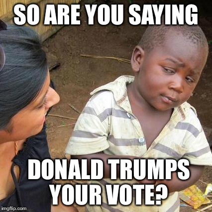 Third World Skeptical Kid Meme | SO ARE YOU SAYING DONALD TRUMPS YOUR VOTE? | image tagged in memes,third world skeptical kid | made w/ Imgflip meme maker