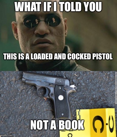 Loaded, cocked and ready to rock...  | WHAT IF I TOLD YOU; THIS IS A LOADED AND COCKED PISTOL; NOT A BOOK | image tagged in charlotte,pistol,police,memes | made w/ Imgflip meme maker