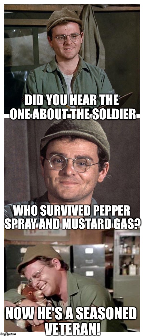 Radar O'Reilly entertains the troops. | DID YOU HEAR THE ONE ABOUT THE SOLDIER; WHO SURVIVED PEPPER SPRAY AND MUSTARD GAS? NOW HE'S A SEASONED VETERAN! | image tagged in bad pun radar,bad pun anna kendrick,bad pun dog,comic of the casbah | made w/ Imgflip meme maker