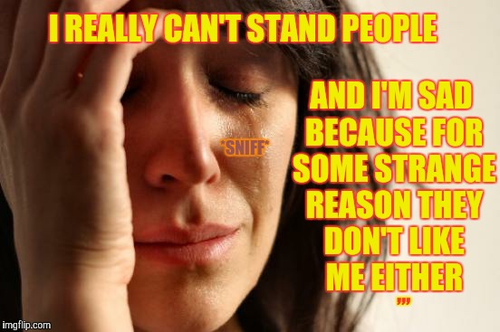 First World Problems Meme | AND I'M SAD BECAUSE FOR SOME STRANGE REASON THEY DON'T LIKE  ME EITHER; I REALLY CAN'T STAND PEOPLE; *SNIFF*; ,,, | image tagged in memes,first world problems | made w/ Imgflip meme maker