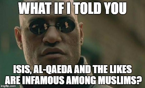 Matrix Morpheus Meme | WHAT IF I TOLD YOU; ISIS, AL-QAEDA AND THE LIKES ARE INFAMOUS AMONG MUSLIMS? | image tagged in memes,matrix morpheus,isis,al qaeda,infamous,muslims | made w/ Imgflip meme maker