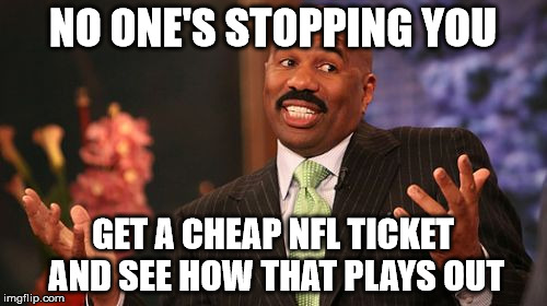 Steve Harvey Meme | NO ONE'S STOPPING YOU GET A CHEAP NFL TICKET AND SEE HOW THAT PLAYS OUT | image tagged in memes,steve harvey | made w/ Imgflip meme maker