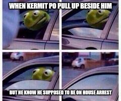 Kermit rolls up window | WHEN KERMIT PO PULL UP BESIDE HIM; BUT HE KNOW HE SUPPOSED TO BE ON HOUSE ARREST | image tagged in kermit rolls up window | made w/ Imgflip meme maker