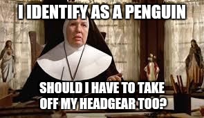 Blues Brothers Penguin | I IDENTIFY AS A PENGUIN; SHOULD I HAVE TO TAKE OFF MY HEADGEAR TOO? | image tagged in blues brothers penguin | made w/ Imgflip meme maker
