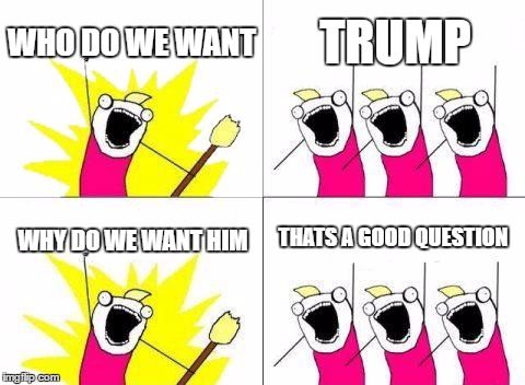 What Do We Want | WHO DO WE WANT; TRUMP; THATS A GOOD QUESTION; WHY DO WE WANT HIM | image tagged in memes,what do we want | made w/ Imgflip meme maker