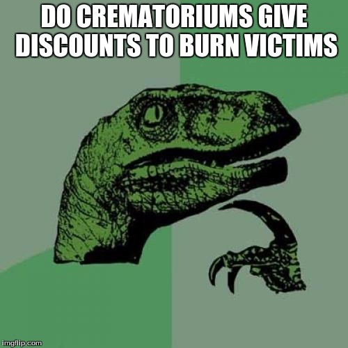 Philosoraptor Meme | DO CREMATORIUMS GIVE DISCOUNTS TO BURN VICTIMS | image tagged in memes,philosoraptor | made w/ Imgflip meme maker