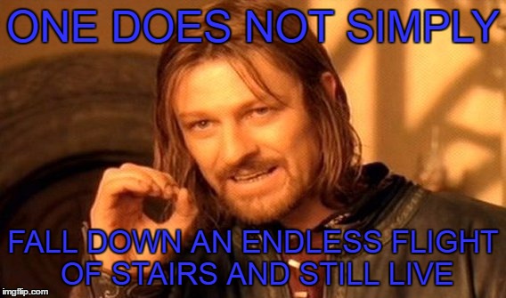One Does Not Simply Meme | ONE DOES NOT SIMPLY; FALL DOWN AN ENDLESS FLIGHT OF STAIRS AND STILL LIVE | image tagged in memes,one does not simply | made w/ Imgflip meme maker