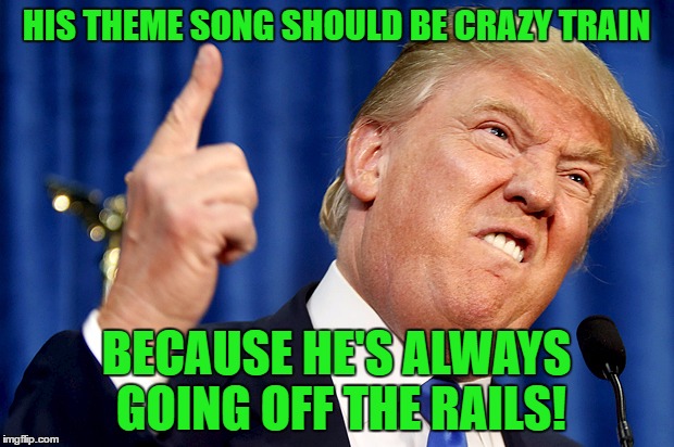Donald Trump | HIS THEME SONG SHOULD BE CRAZY TRAIN; BECAUSE HE'S ALWAYS GOING OFF THE RAILS! | image tagged in donald trump | made w/ Imgflip meme maker