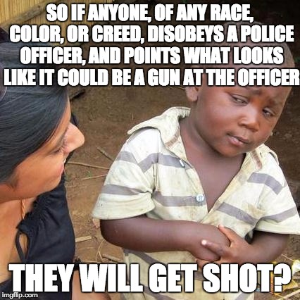 Don't Point! | SO IF ANYONE, OF ANY RACE, COLOR, OR CREED, DISOBEYS A POLICE OFFICER, AND POINTS WHAT LOOKS LIKE IT COULD BE A GUN AT THE OFFICER; THEY WILL GET SHOT? | image tagged in memes,third world skeptical kid,shot,gun,vaping,police officer | made w/ Imgflip meme maker