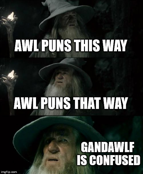 Confused Gandalf Meme | AWL PUNS THIS WAY; AWL PUNS THAT WAY; GANDAWLF IS CONFUSED | image tagged in memes,confused gandalf | made w/ Imgflip meme maker