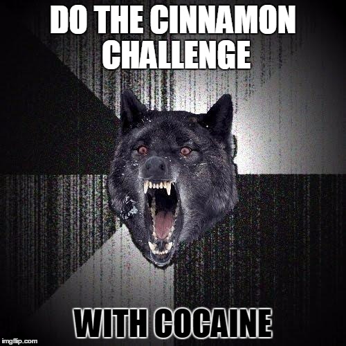 Insanity Wolf | DO THE CINNAMON CHALLENGE; WITH COCAINE | image tagged in memes,insanity wolf | made w/ Imgflip meme maker