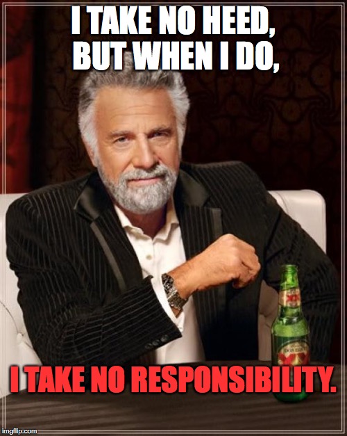 The Most Interesting Man In The World Meme | I TAKE NO HEED, BUT WHEN I DO, I TAKE NO RESPONSIBILITY. | image tagged in memes,the most interesting man in the world | made w/ Imgflip meme maker