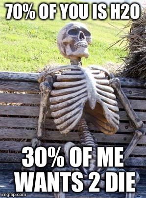 Waiting Skeleton | 70% OF YOU IS H2O; 30% OF ME WANTS 2 DIE | image tagged in memes,waiting skeleton | made w/ Imgflip meme maker