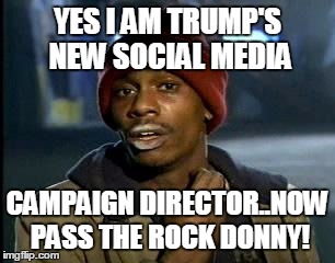 Y'all Got Any More Of That Meme | YES I AM TRUMP'S NEW SOCIAL MEDIA; CAMPAIGN DIRECTOR..NOW PASS THE ROCK DONNY! | image tagged in memes,yall got any more of | made w/ Imgflip meme maker