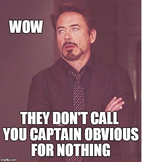 Face You Make Robert Downey Jr Meme | WOW THEY DON'T CALL YOU CAPTAIN OBVIOUS FOR NOTHING | image tagged in memes,face you make robert downey jr | made w/ Imgflip meme maker