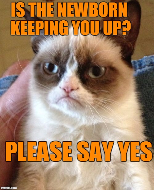 Grumpy Cat Meme | IS THE NEWBORN KEEPING YOU UP? PLEASE SAY YES | image tagged in memes,grumpy cat | made w/ Imgflip meme maker