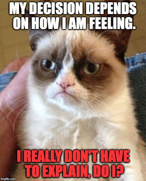 Grumpy Cat | MY DECISION DEPENDS ON HOW I AM FEELING. I REALLY DON'T HAVE TO EXPLAIN, DO I? | image tagged in memes,grumpy cat | made w/ Imgflip meme maker