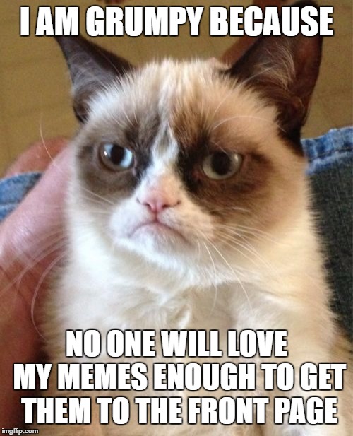 Grumpy | I AM GRUMPY BECAUSE; NO ONE WILL LOVE MY MEMES ENOUGH TO GET THEM TO THE FRONT PAGE | image tagged in memes,grumpy cat | made w/ Imgflip meme maker