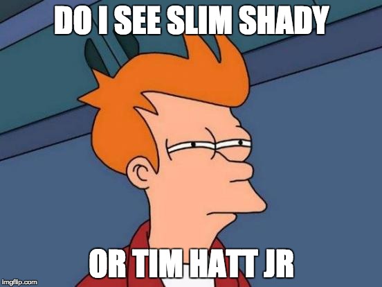 Futurama Fry Meme | DO I SEE SLIM SHADY; OR TIM HATT JR | image tagged in memes,futurama fry | made w/ Imgflip meme maker