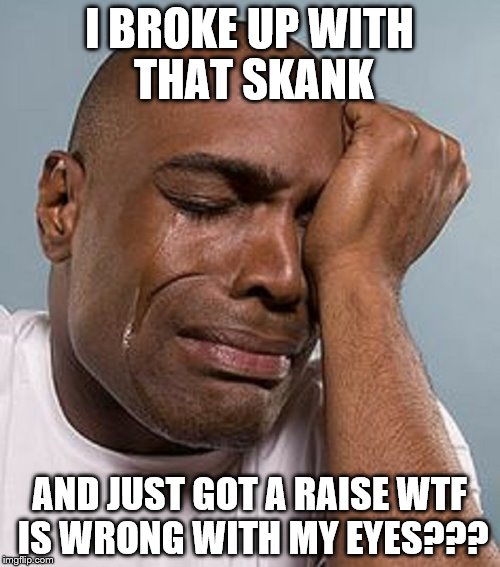 I BROKE UP WITH THAT SKANK AND JUST GOT A RAISE WTF IS WRONG WITH MY EYES??? | image tagged in crying black man | made w/ Imgflip meme maker