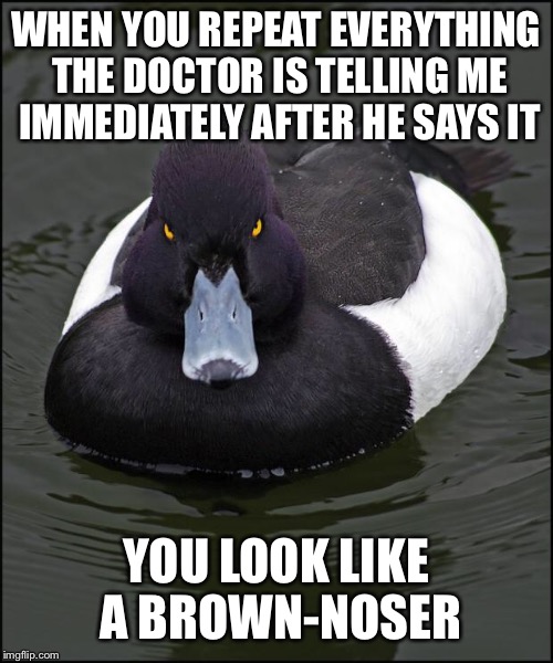 Angry duck | WHEN YOU REPEAT EVERYTHING THE DOCTOR IS TELLING ME IMMEDIATELY AFTER HE SAYS IT; YOU LOOK LIKE A BROWN-NOSER | image tagged in angry duck | made w/ Imgflip meme maker