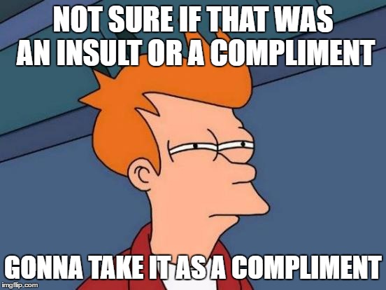 Futurama Fry Meme | NOT SURE IF THAT WAS AN INSULT
OR A COMPLIMENT GONNA TAKE IT AS A COMPLIMENT | image tagged in memes,futurama fry | made w/ Imgflip meme maker