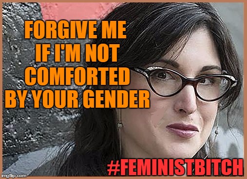 feminist Zeisler | FORGIVE ME IF I'M NOT COMFORTED BY YOUR GENDER #FEMINISTB**CH | image tagged in feminist zeisler | made w/ Imgflip meme maker