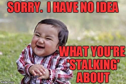 Evil Toddler Meme | SORRY.  I HAVE NO IDEA WHAT YOU'RE 'STALKING' ABOUT | image tagged in memes,evil toddler | made w/ Imgflip meme maker