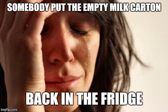 Y u no just drink the last sip! | SOMEBODY PUT THE EMPTY MILK CARTON; BACK IN THE FRIDGE | image tagged in memes,first world problems | made w/ Imgflip meme maker