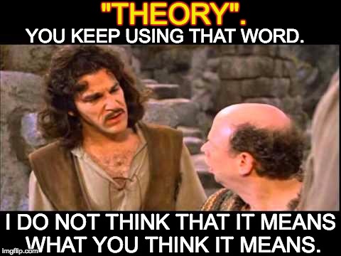Inigo Montoya | "THEORY". YOU KEEP USING THAT WORD. I DO NOT THINK THAT IT MEANS WHAT YOU THINK IT MEANS. | image tagged in inigo montoya | made w/ Imgflip meme maker