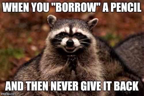 Evil Plotting Raccoon | WHEN YOU "BORROW" A PENCIL; AND THEN NEVER GIVE IT BACK | image tagged in memes,evil plotting raccoon | made w/ Imgflip meme maker