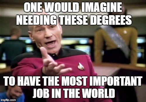 Picard Wtf Meme | ONE WOULD IMAGINE NEEDING THESE DEGREES TO HAVE THE MOST IMPORTANT JOB IN THE WORLD | image tagged in memes,picard wtf | made w/ Imgflip meme maker