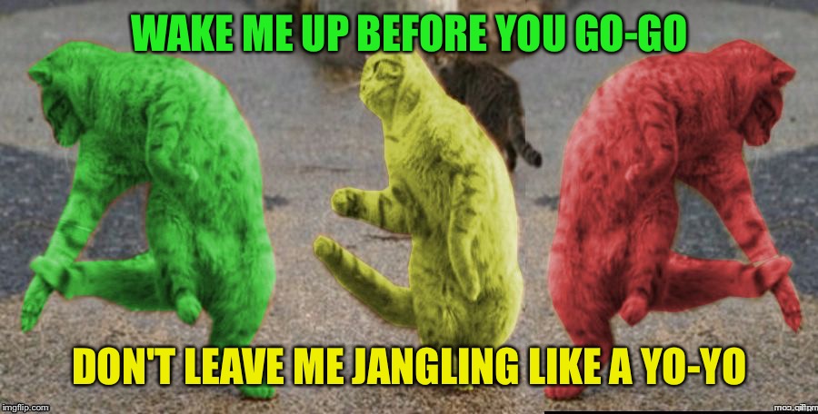 Whameow! | WAKE ME UP BEFORE YOU GO-GO; DON'T LEAVE ME JANGLING LIKE A YO-YO | image tagged in three dancing raycats,memes | made w/ Imgflip meme maker