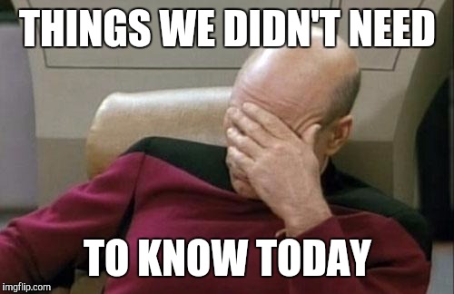 Captain Picard Facepalm Meme | THINGS WE DIDN'T NEED TO KNOW TODAY | image tagged in memes,captain picard facepalm | made w/ Imgflip meme maker