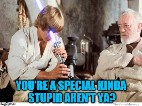 Luke lightsaber Fail | YOU'RE A SPECIAL KINDA STUPID AREN'T YA? | image tagged in luke lightsaber fail | made w/ Imgflip meme maker