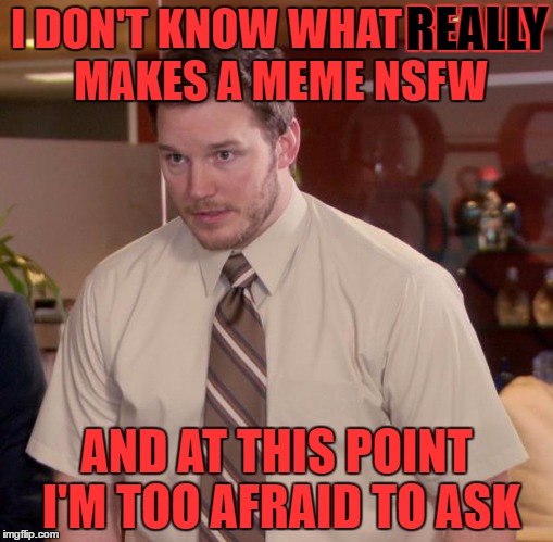 some things that have been marked nsfw are QUESTIONABLE at least | REALLY; I DON'T KNOW WHAT REALLY MAKES A MEME NSFW; AND AT THIS POINT I'M TOO AFRAID TO ASK | image tagged in memes,afraid to ask andy | made w/ Imgflip meme maker