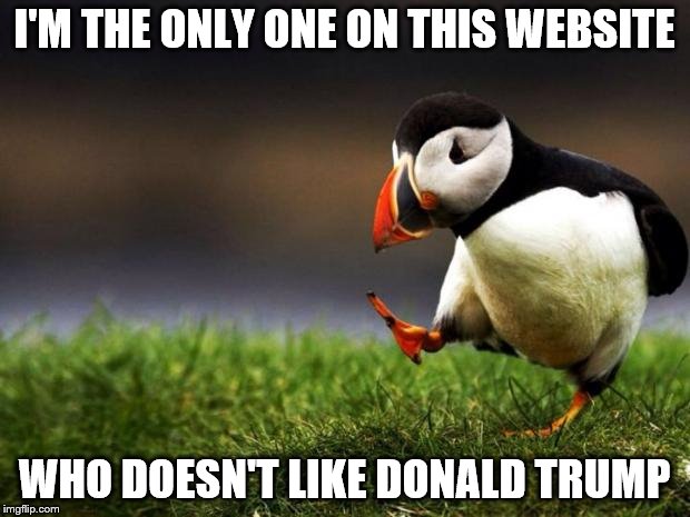 Unpopular Opinion Puffin Meme | I'M THE ONLY ONE ON THIS WEBSITE; WHO DOESN'T LIKE DONALD TRUMP | image tagged in memes,unpopular opinion puffin | made w/ Imgflip meme maker