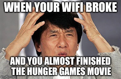 The wifi here sucks | WHEN YOUR WIFI BROKE; AND YOU ALMOST FINISHED THE HUNGER GAMES MOVIE | image tagged in jackiechan,undertale | made w/ Imgflip meme maker