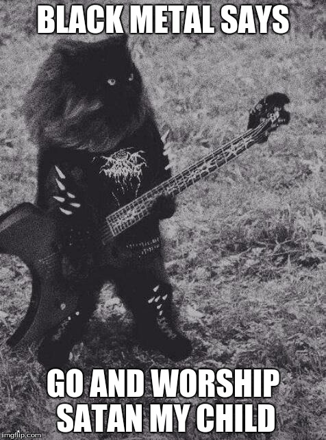 Black Metal Cat | BLACK METAL SAYS; GO AND WORSHIP SATAN MY CHILD | image tagged in black metal cat | made w/ Imgflip meme maker