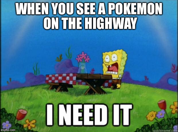 spongebob I need it | WHEN YOU SEE A POKEMON ON THE HIGHWAY | image tagged in spongebob i need it | made w/ Imgflip meme maker