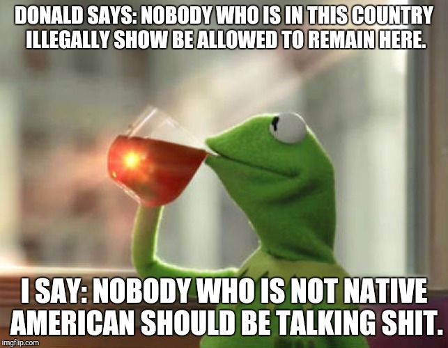But That's None Of My Business (Neutral) | DONALD SAYS: NOBODY WHO IS IN THIS COUNTRY ILLEGALLY SHOW BE ALLOWED TO REMAIN HERE. I SAY: NOBODY WHO IS NOT NATIVE AMERICAN SHOULD BE TALKING SHIT. | image tagged in memes,but thats none of my business neutral | made w/ Imgflip meme maker
