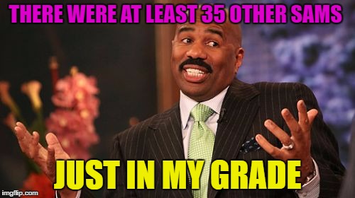 Steve Harvey Meme | THERE WERE AT LEAST 35 OTHER SAMS JUST IN MY GRADE | image tagged in memes,steve harvey | made w/ Imgflip meme maker
