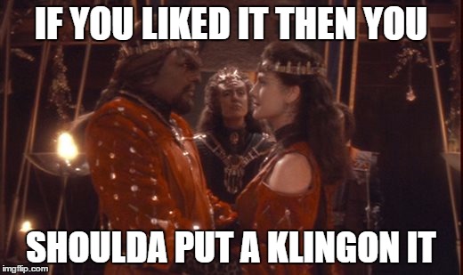 put a klingon it | IF YOU LIKED IT THEN YOU; SHOULDA PUT A KLINGON IT | image tagged in klingon,put a klingon it | made w/ Imgflip meme maker