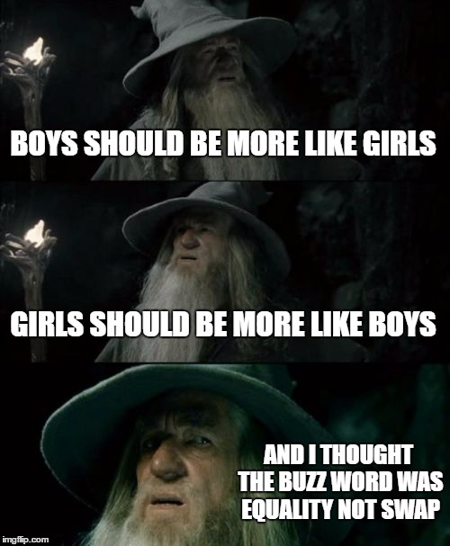 Confused Gandalf Meme | BOYS SHOULD BE MORE LIKE GIRLS; GIRLS SHOULD BE MORE LIKE BOYS; AND I THOUGHT THE BUZZ WORD WAS EQUALITY NOT SWAP | image tagged in memes,confused gandalf,equality,swap | made w/ Imgflip meme maker