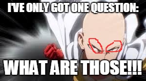 I Thought You've Lost All Your Hair. Why Do You Still Have Eyebrows? | I'VE ONLY GOT ONE QUESTION:; WHAT ARE THOSE!!! | image tagged in one punch man,memes,hairs,anime,hair | made w/ Imgflip meme maker