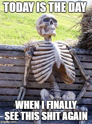 Waiting Skeleton Meme | TODAY IS THE DAY; WHEN I FINALLY SEE THIS SHIT AGAIN | image tagged in memes,waiting skeleton | made w/ Imgflip meme maker