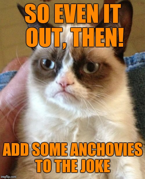 Grumpy Cat Meme | SO EVEN IT OUT, THEN! ADD SOME ANCHOVIES TO THE JOKE | image tagged in memes,grumpy cat | made w/ Imgflip meme maker