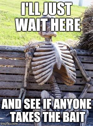 Waiting Skeleton Meme | I'LL JUST WAIT HERE AND SEE IF ANYONE TAKES THE BAIT | image tagged in memes,waiting skeleton | made w/ Imgflip meme maker