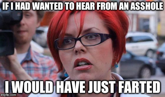 Not in the mood, AT ALL! | IF I HAD WANTED TO HEAR FROM AN ASSHOLE; I WOULD HAVE JUST FARTED | image tagged in big red feminist | made w/ Imgflip meme maker
